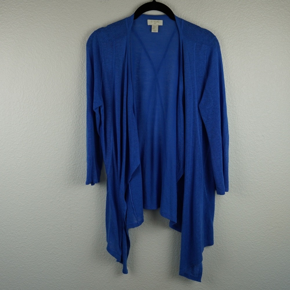 ST TROPEZ WEST Womens Blue Linen‎ Viscose Draped Open Front Cardigan Sweater M